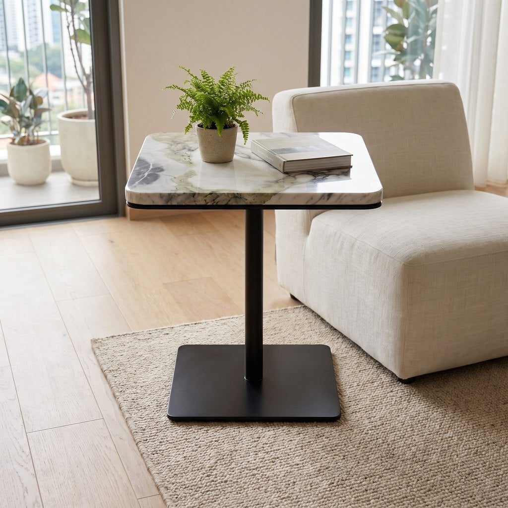 Industrial-Style White Marble Side Table in a living room