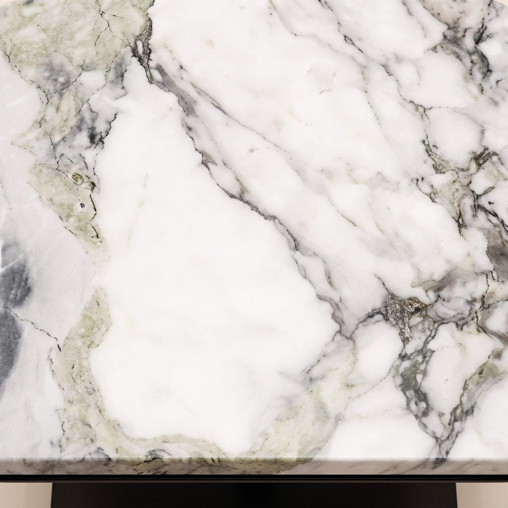 Industrial-Style White Marble Side Table: close-up of the white marble surface