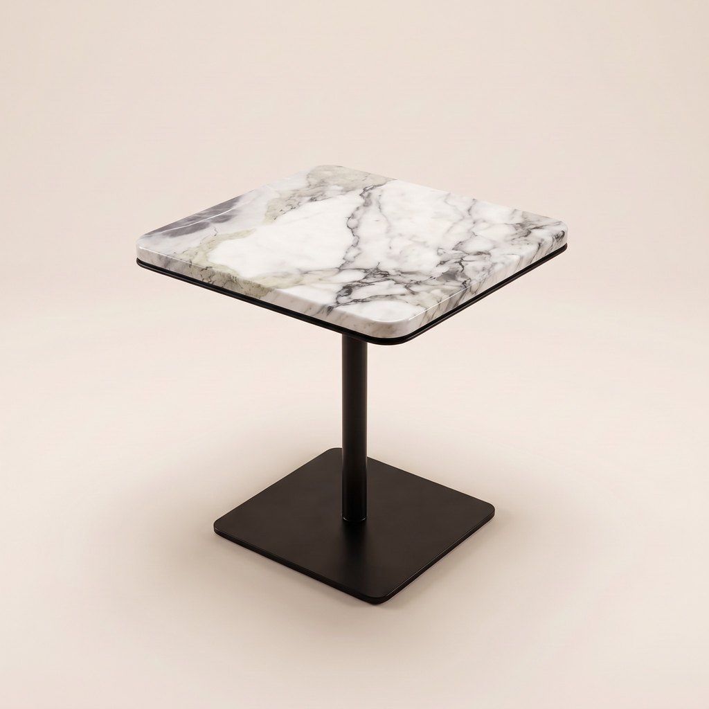 Industrial-Style White Marble Side Table, three-quarter view