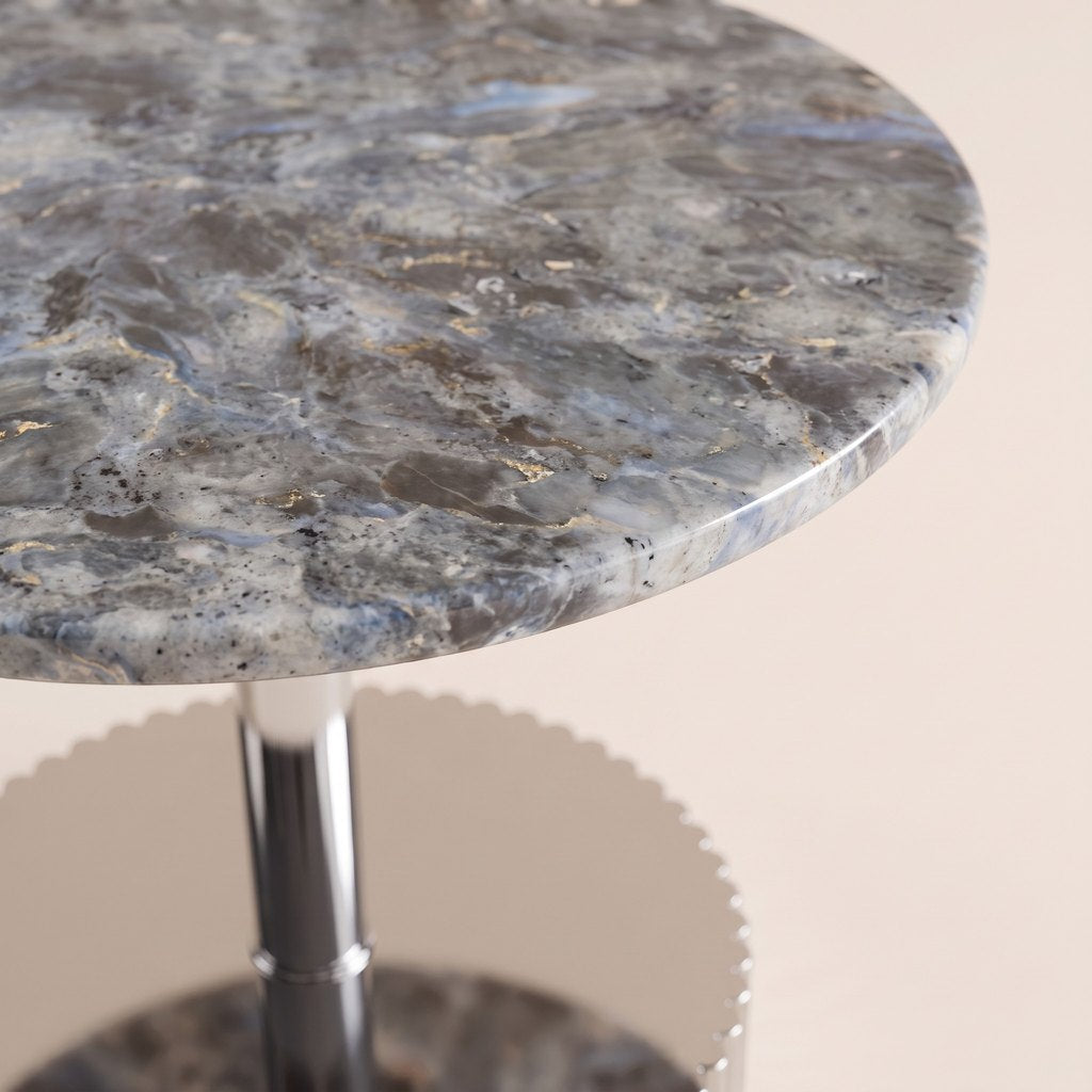 Blue-Grey Marble Side Table — Fluted Chrome Base, edge detail