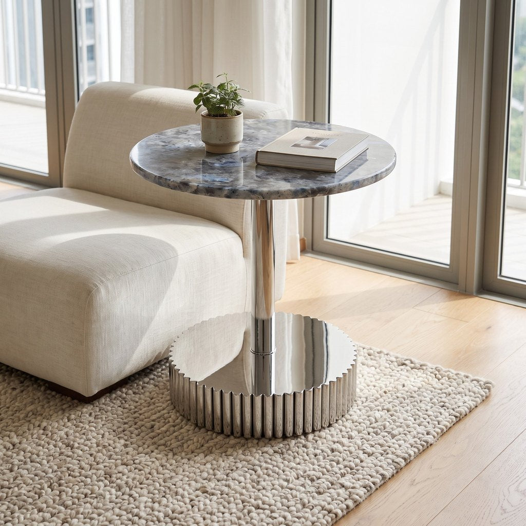 Blue-Grey Marble Side Table — Fluted Chrome Base, in a living room