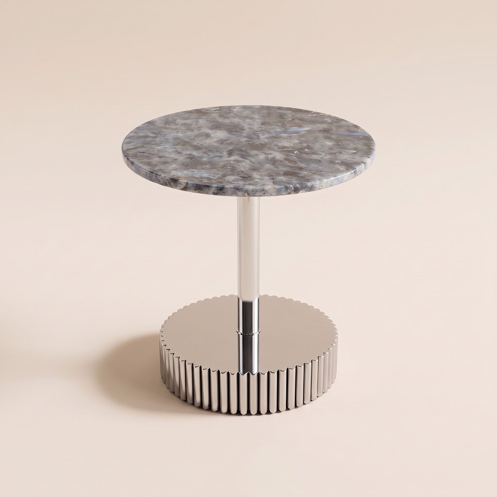 Blue-Grey Marble Side Table — Fluted Chrome Base, three-quarter view