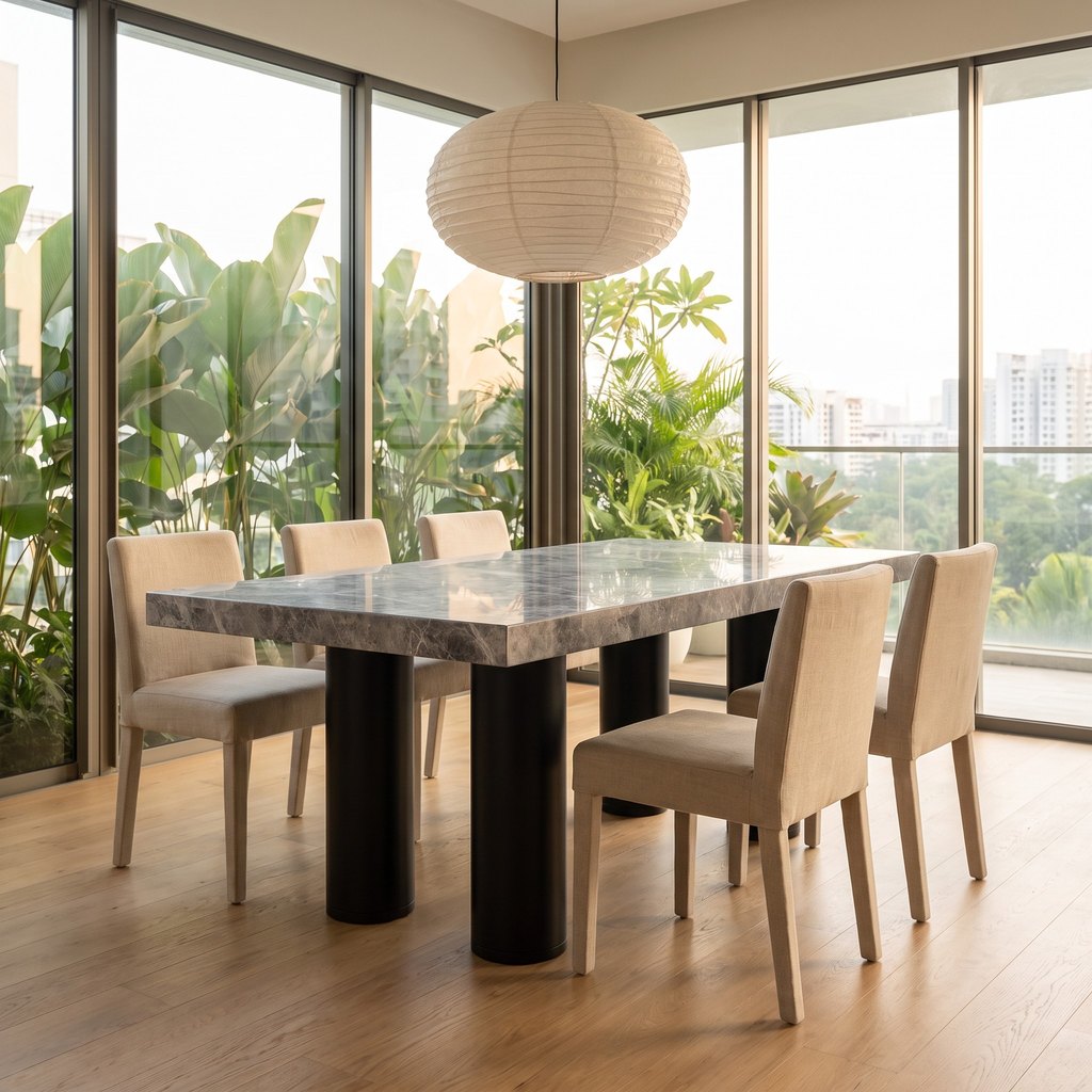 Metal-Leg Rectangular Grey Stone Dining Table in a dining room