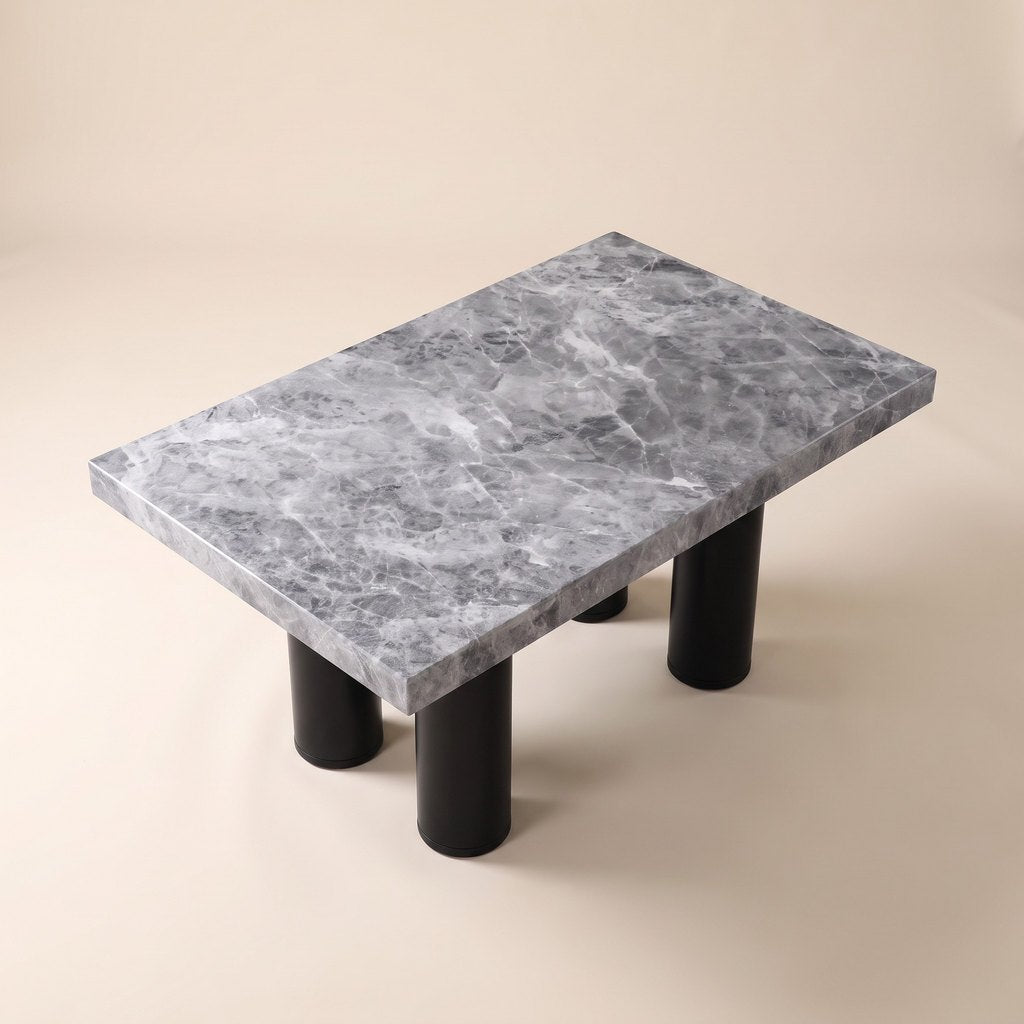Metal-Leg Rectangular Grey Stone Dining Table, three-quarter view