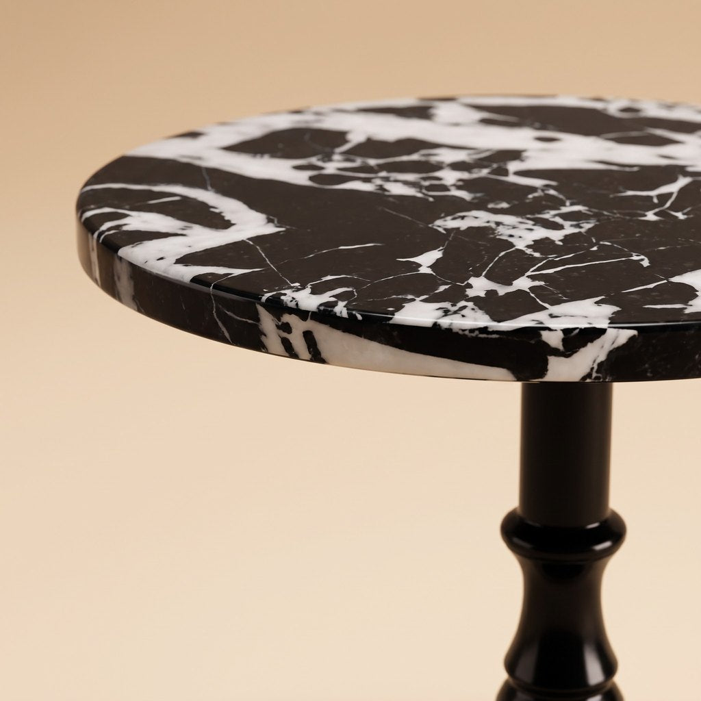 Metal-Pedestal Nero Marquina Side Table, edge detail