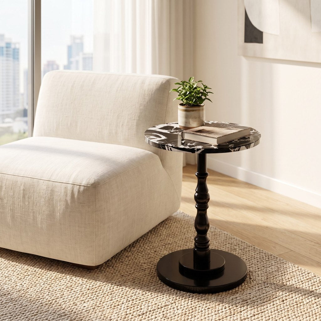 Metal-Pedestal Nero Marquina Side Table in a living room