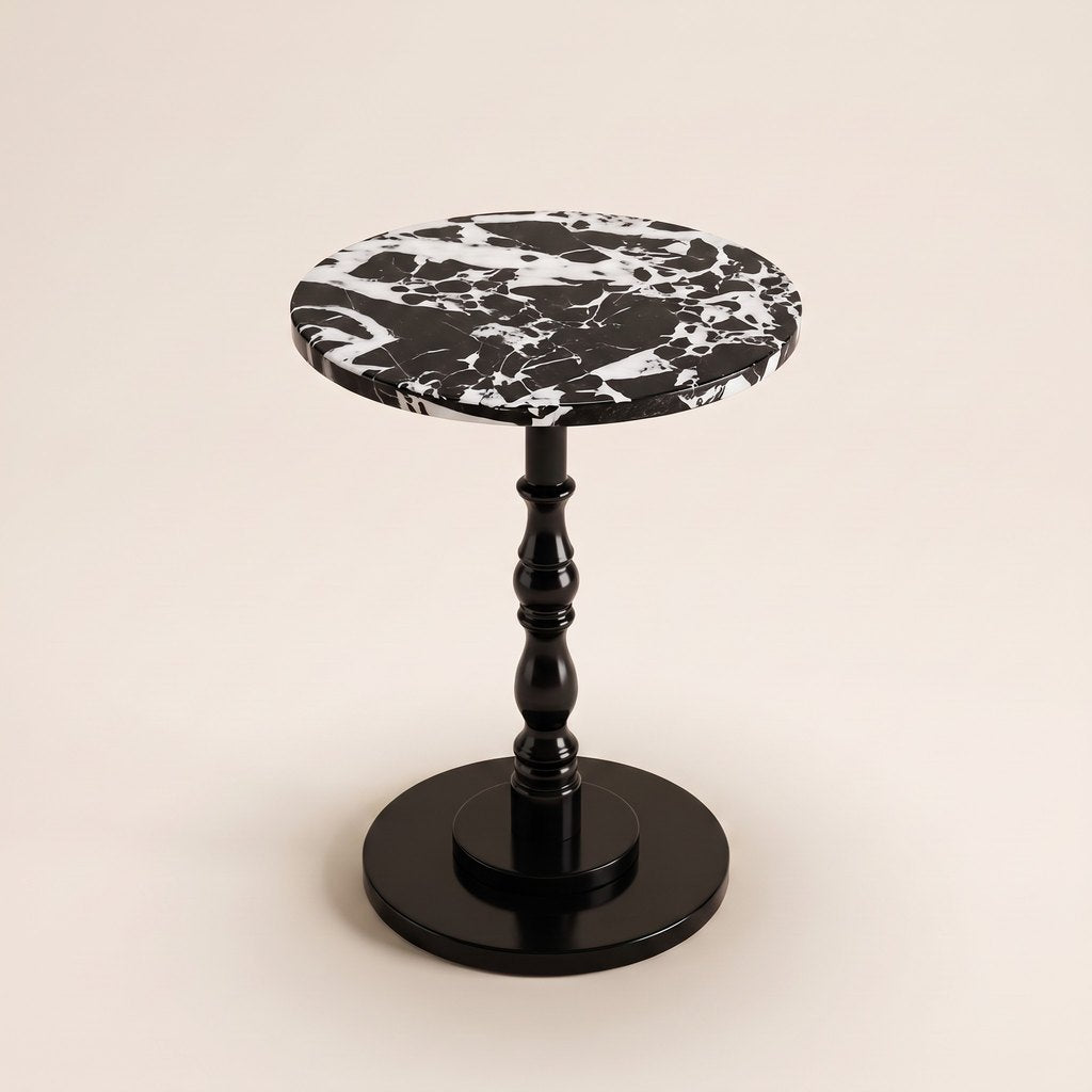 Metal-Pedestal Nero Marquina Side Table, three-quarter view