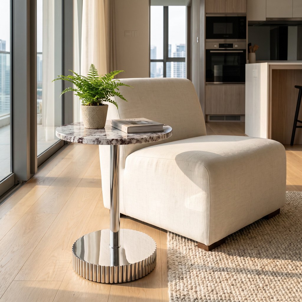 Minimalist Round Marble Side Table in a living room