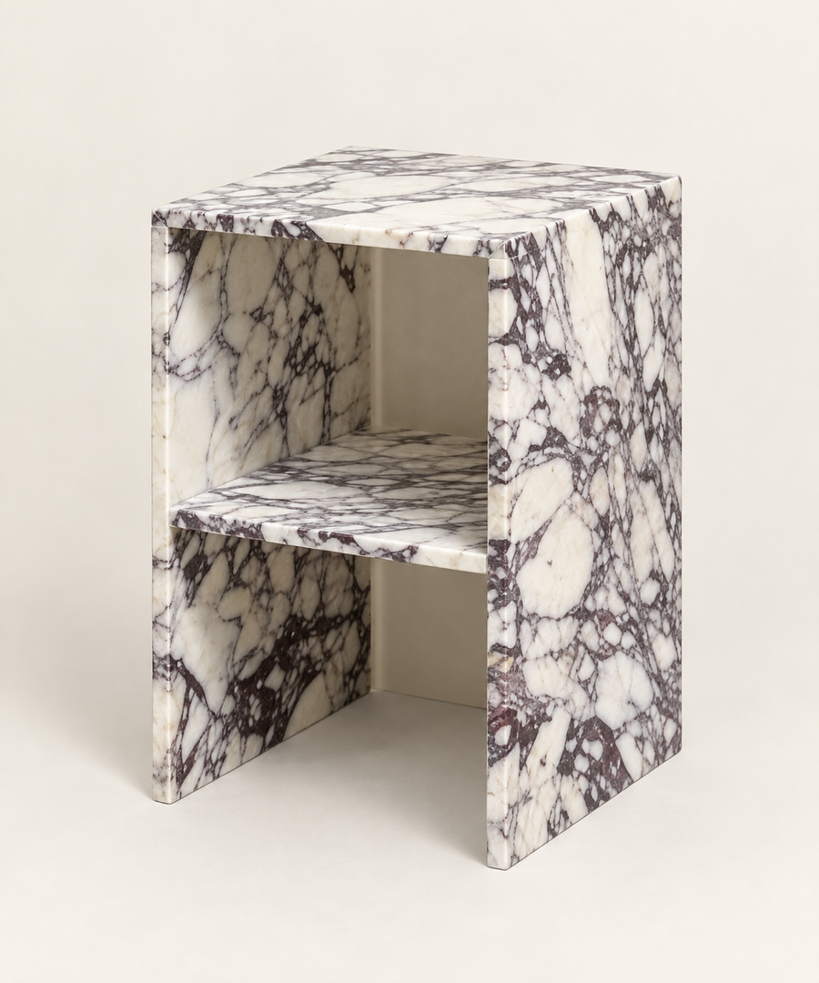 Calacatta Viola open-shelf side table studio packshot