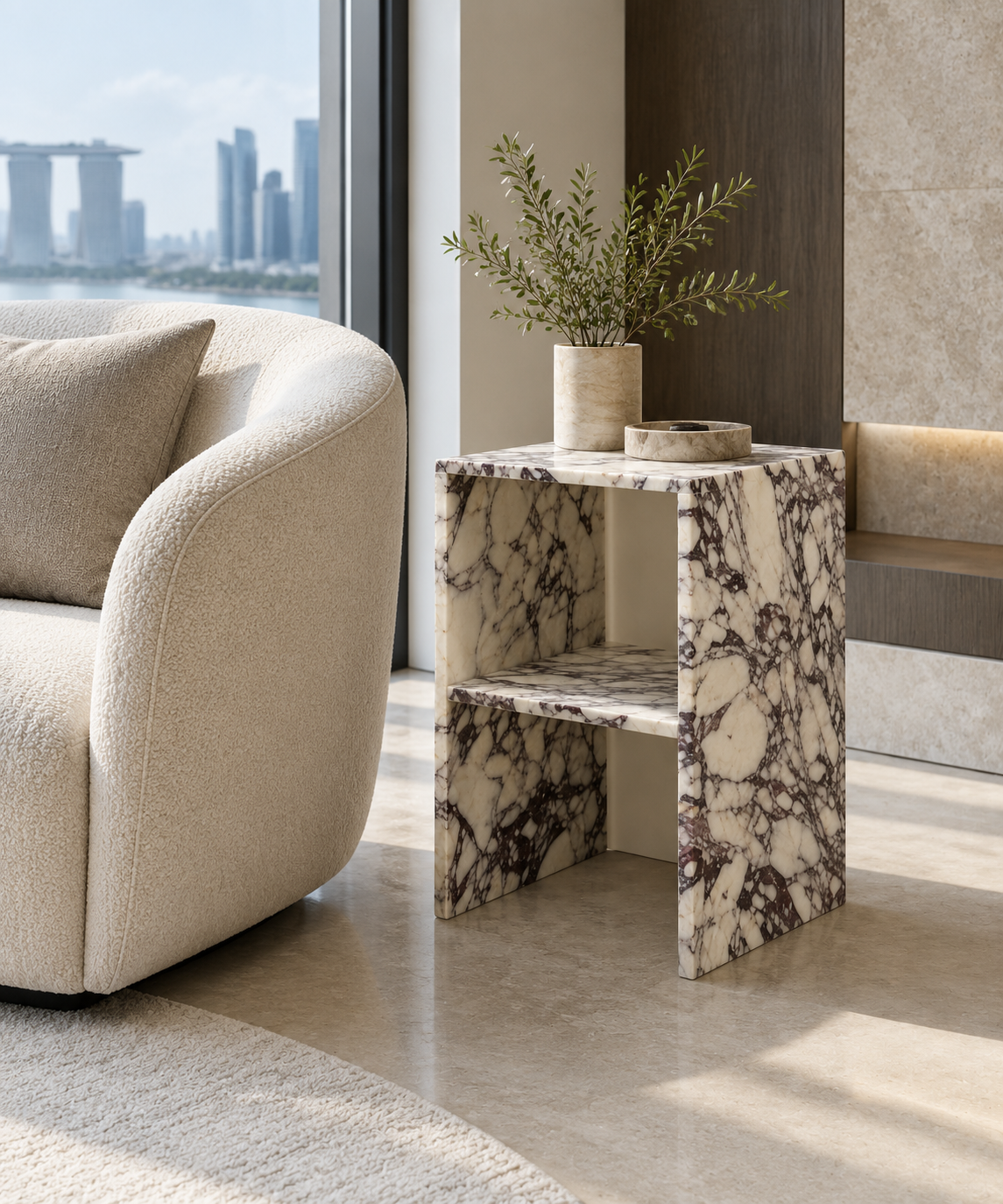 Calacatta Viola open-shelf side table in a Singapore interior