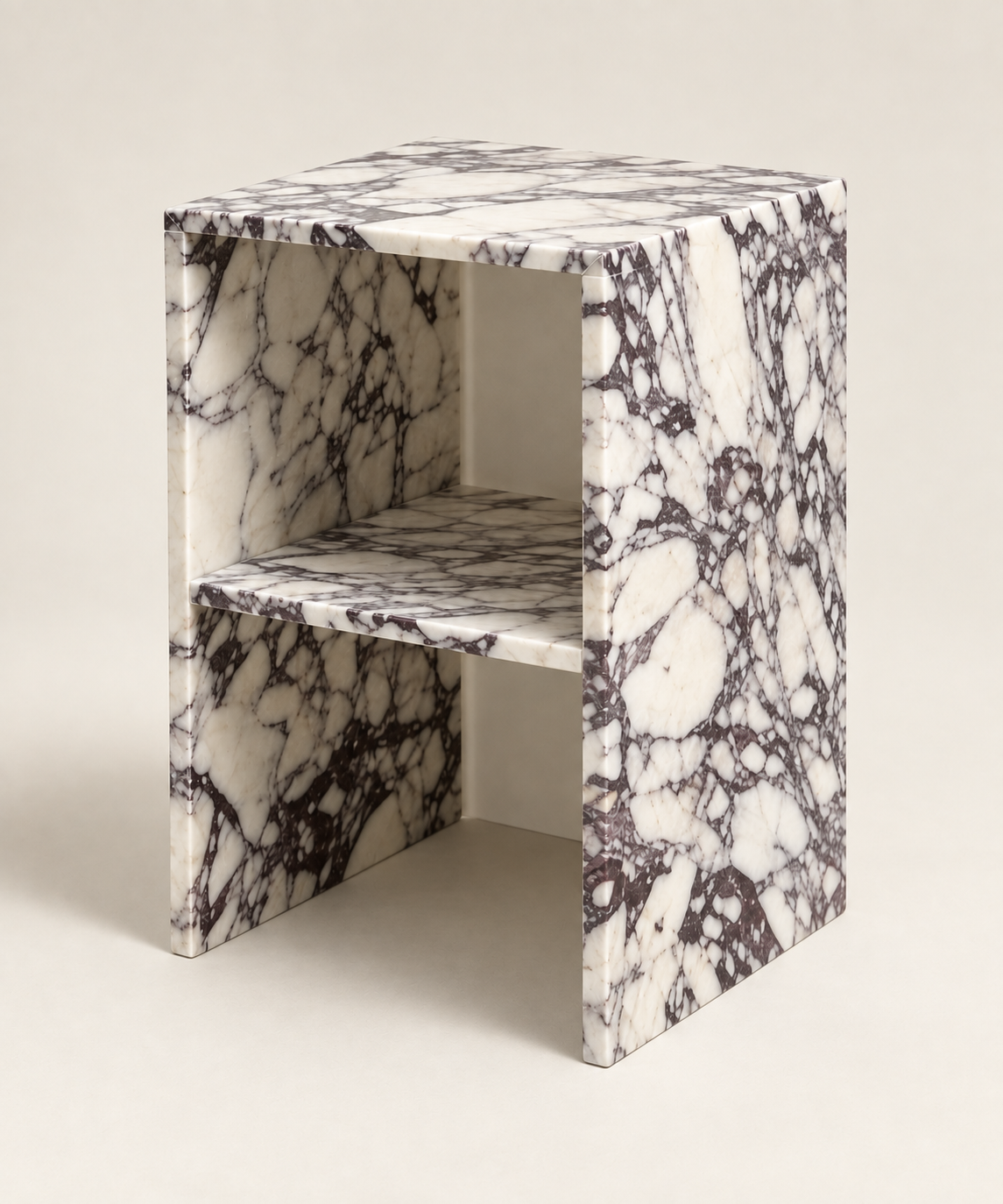 Calacatta Viola open-shelf side table structure view