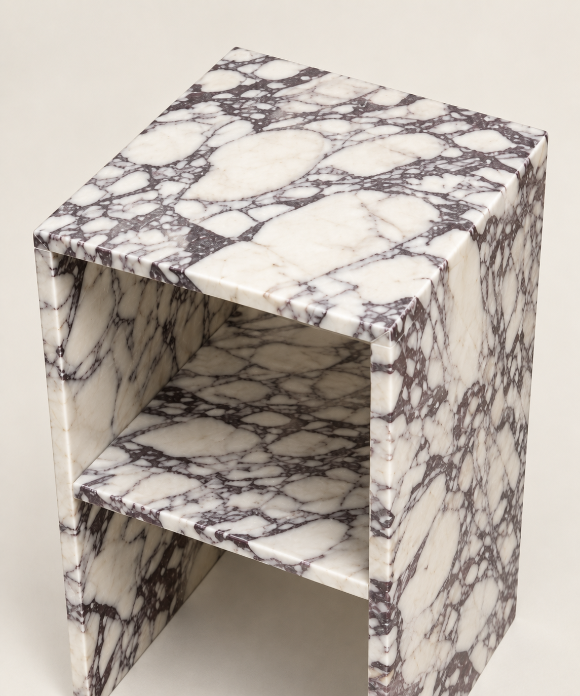 Calacatta Viola open-shelf side table top and open-shelf detail