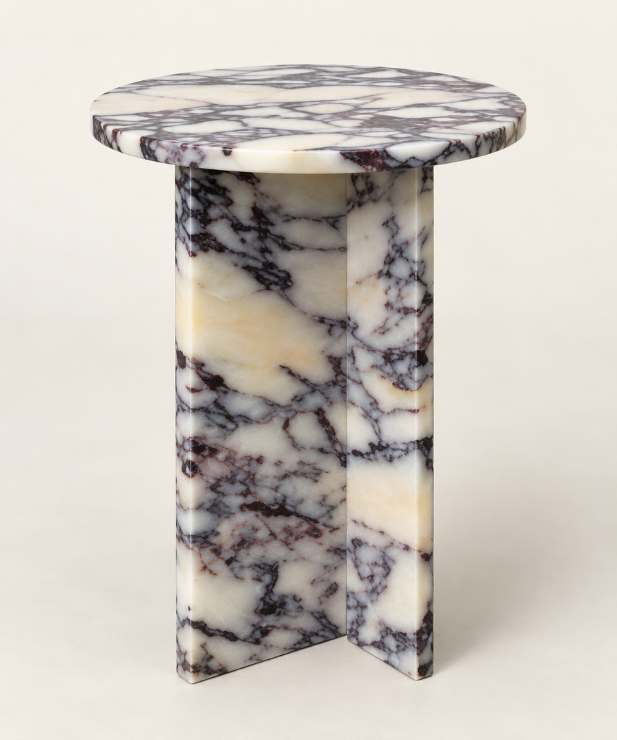 Round T-Base Side Table in Calacatta Viola — studio packshot view.