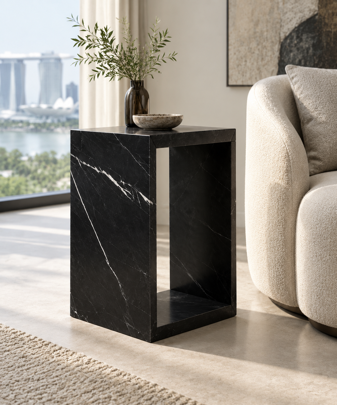 Nero Marquina open-frame side table in a contemporary Singapore interior