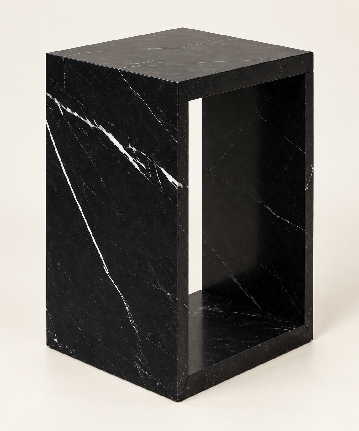 Nero Marquina open-frame side table structure view with black base