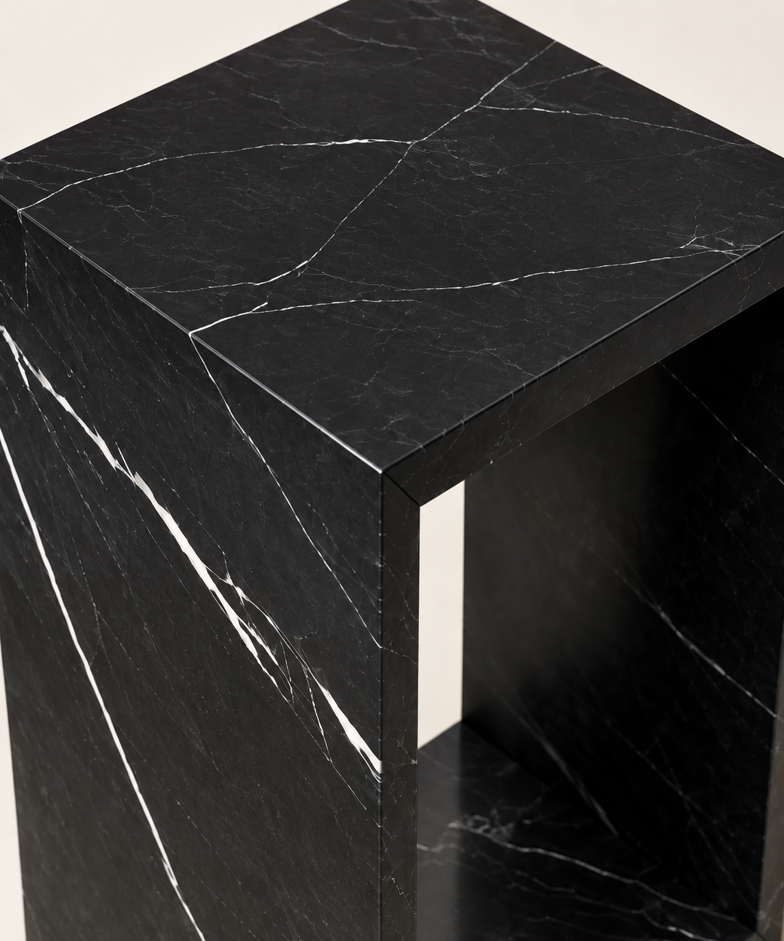Nero Marquina side table top and front corner detail