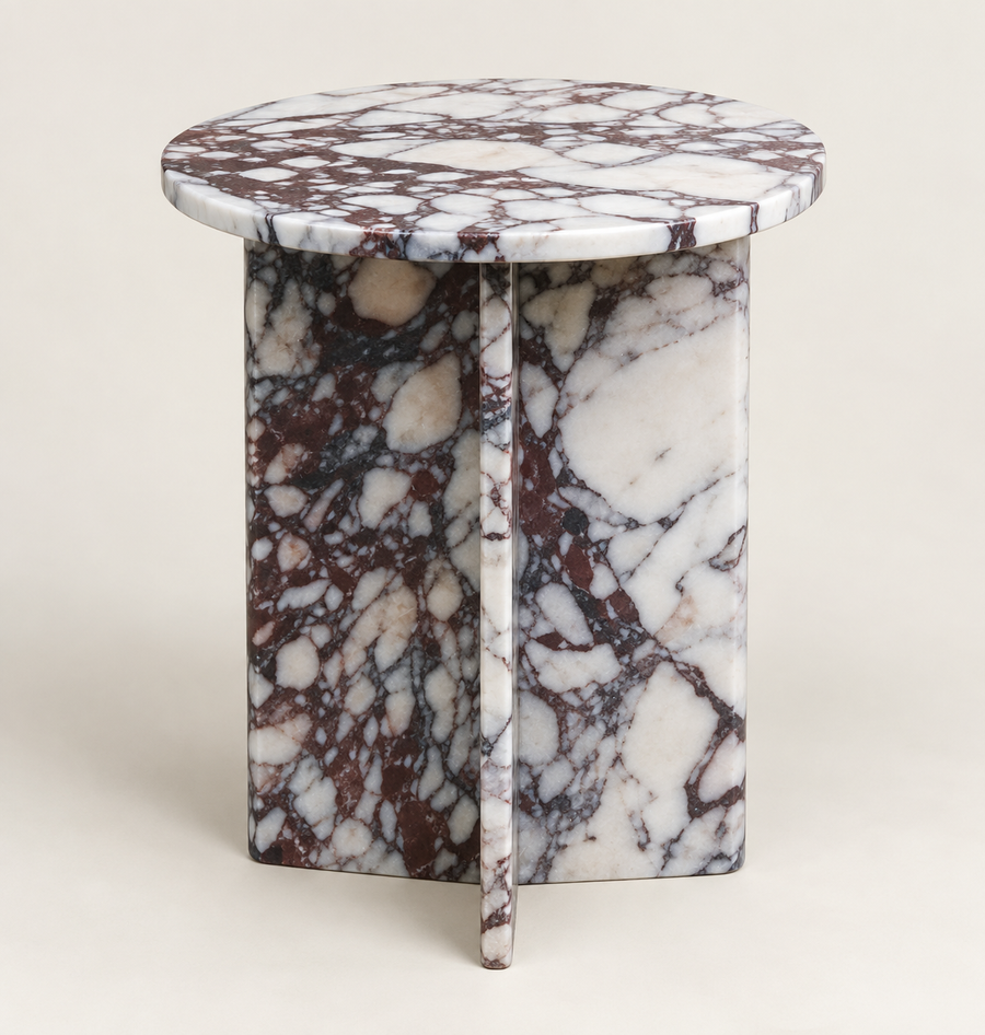 Round Drum Side Table in Calacatta Viola — studio packshot, three-quarter view.