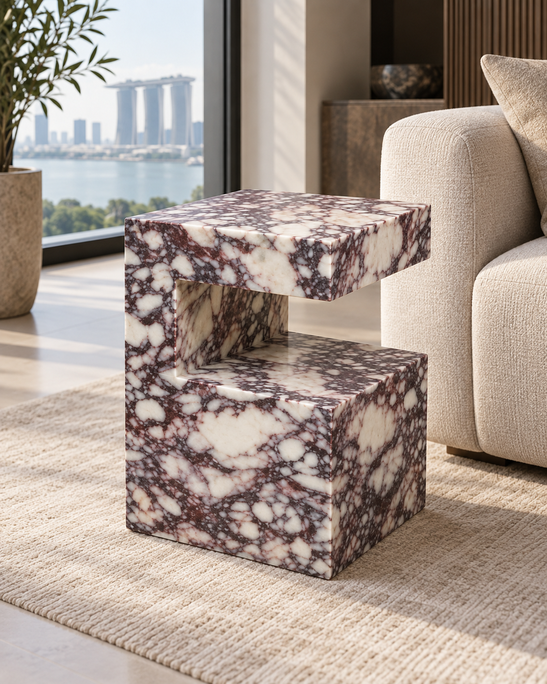 C-Frame Stone Side Table in Calacatta Viola — lifestyle view in a premium Singapore interior.