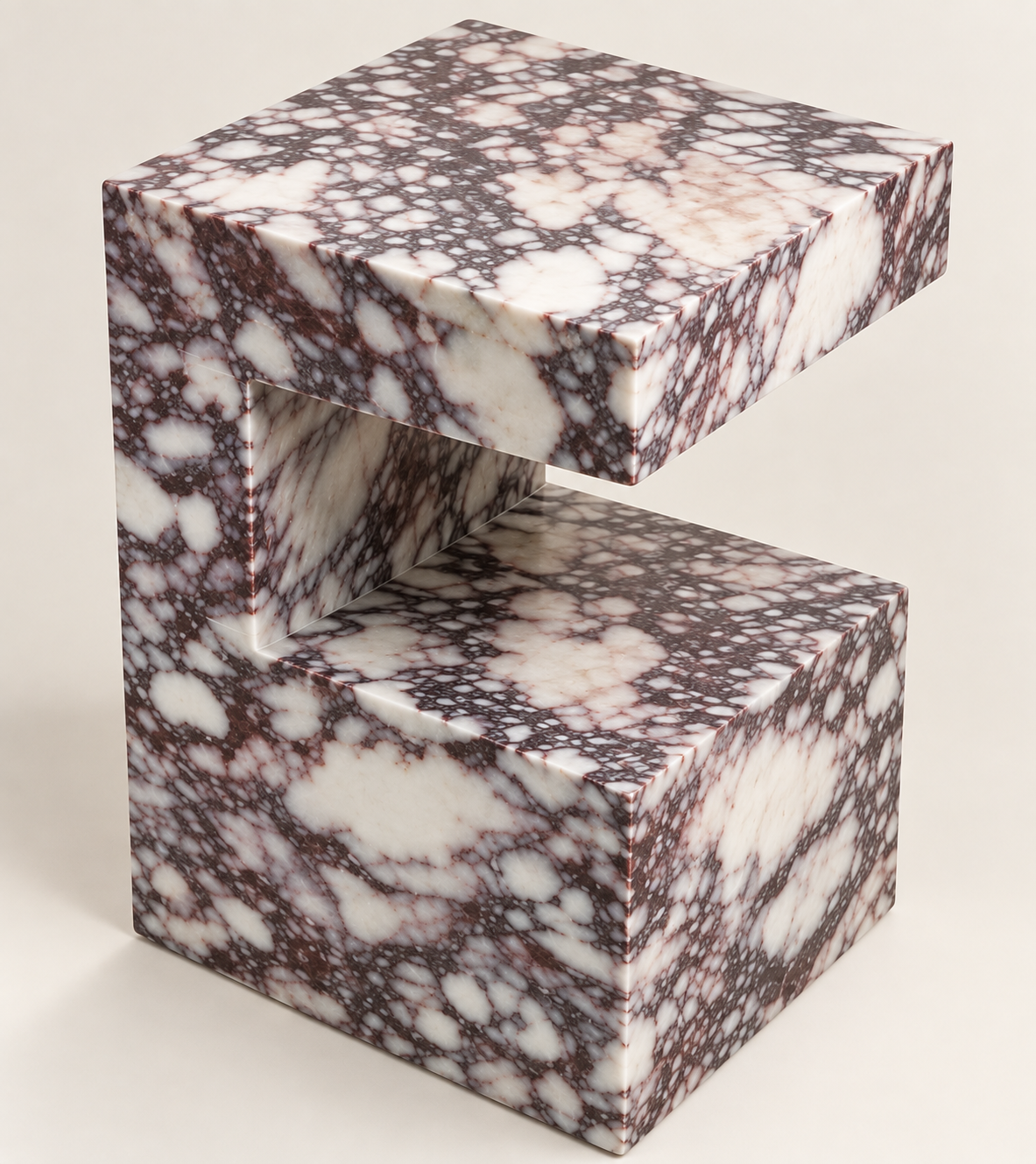 C-Frame Stone Side Table in Calacatta Viola — elevated studio structure view showing the C-shaped opening.