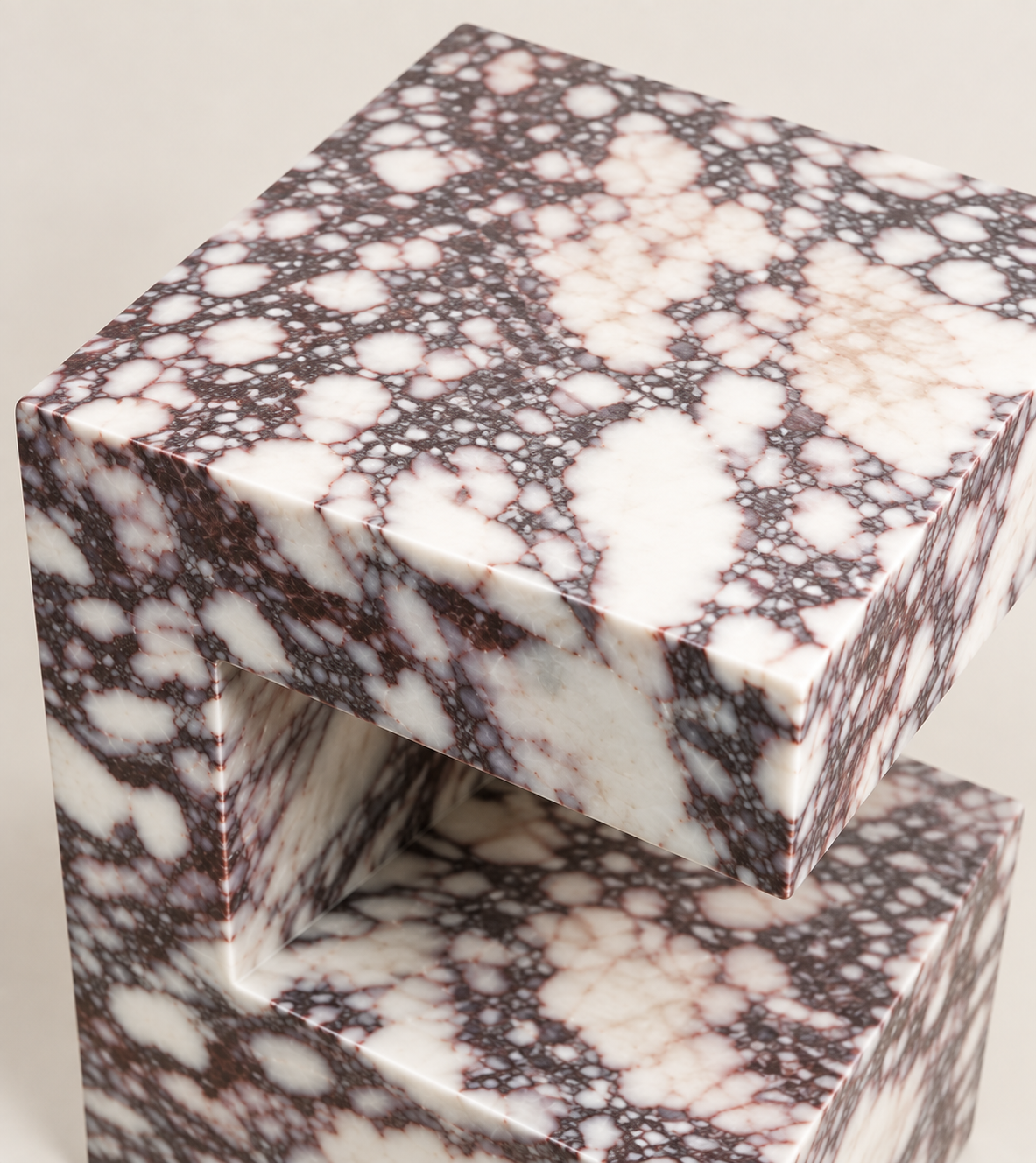C-Frame Stone Side Table in Calacatta Viola — close-up top and edge detail.