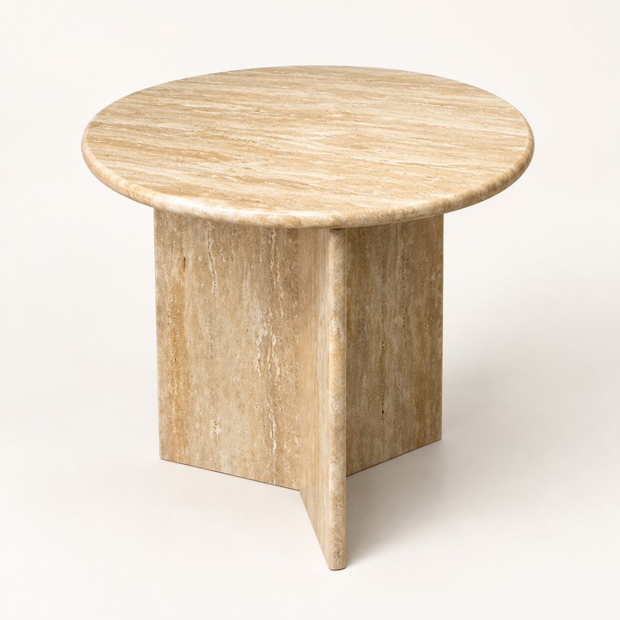 FSF-049 round interlocking-panel side table in warm beige-gold stone, three-quarter studio packshot.