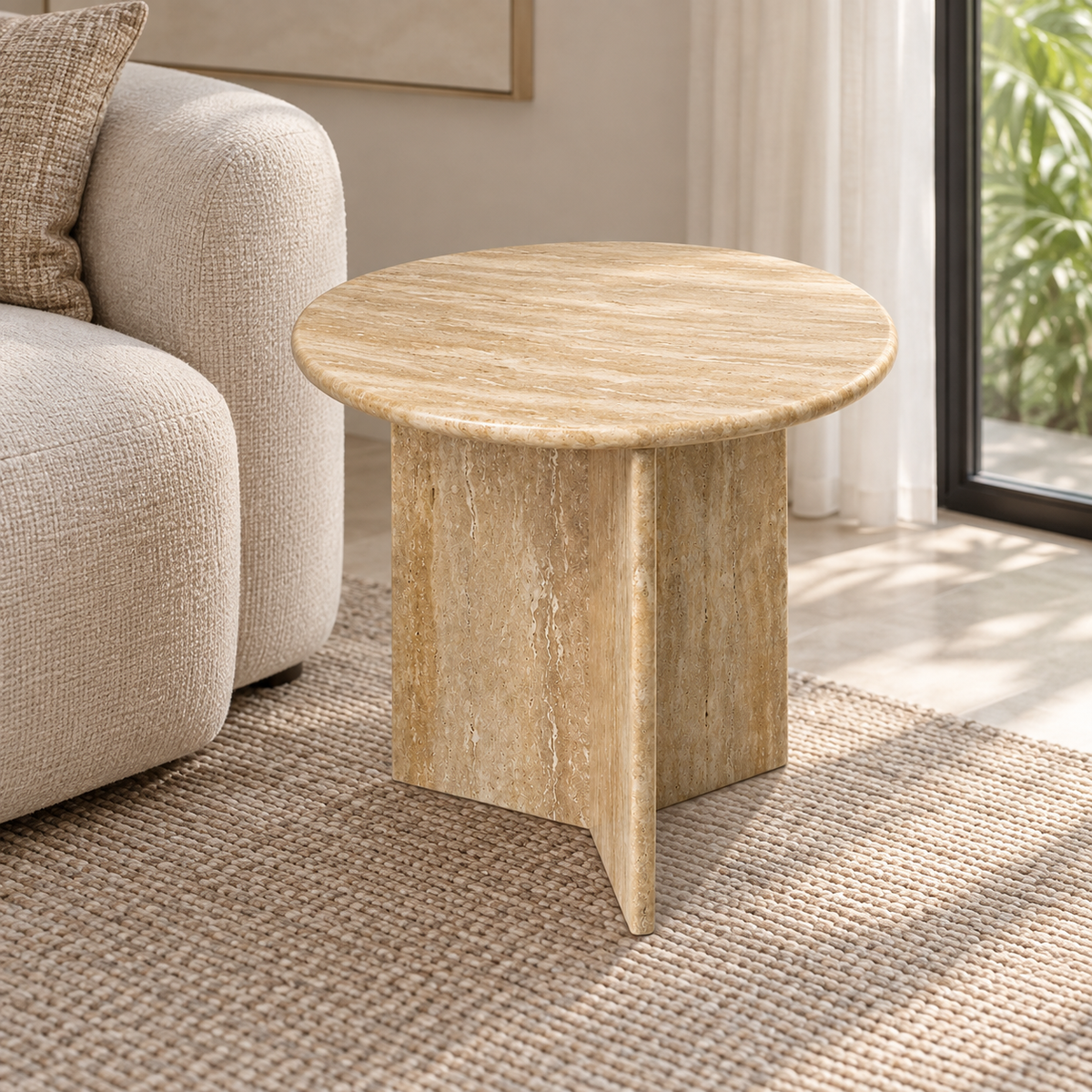 FSF-049 round interlocking-panel side table in warm beige-gold stone, styled Singapore interior view.