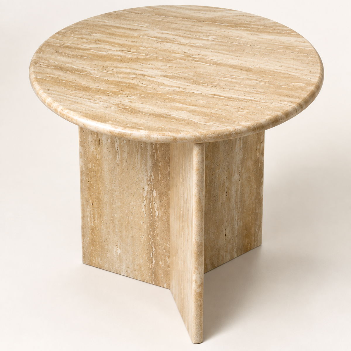 FSF-049 round interlocking-panel side table in warm beige-gold stone, close structural studio view.