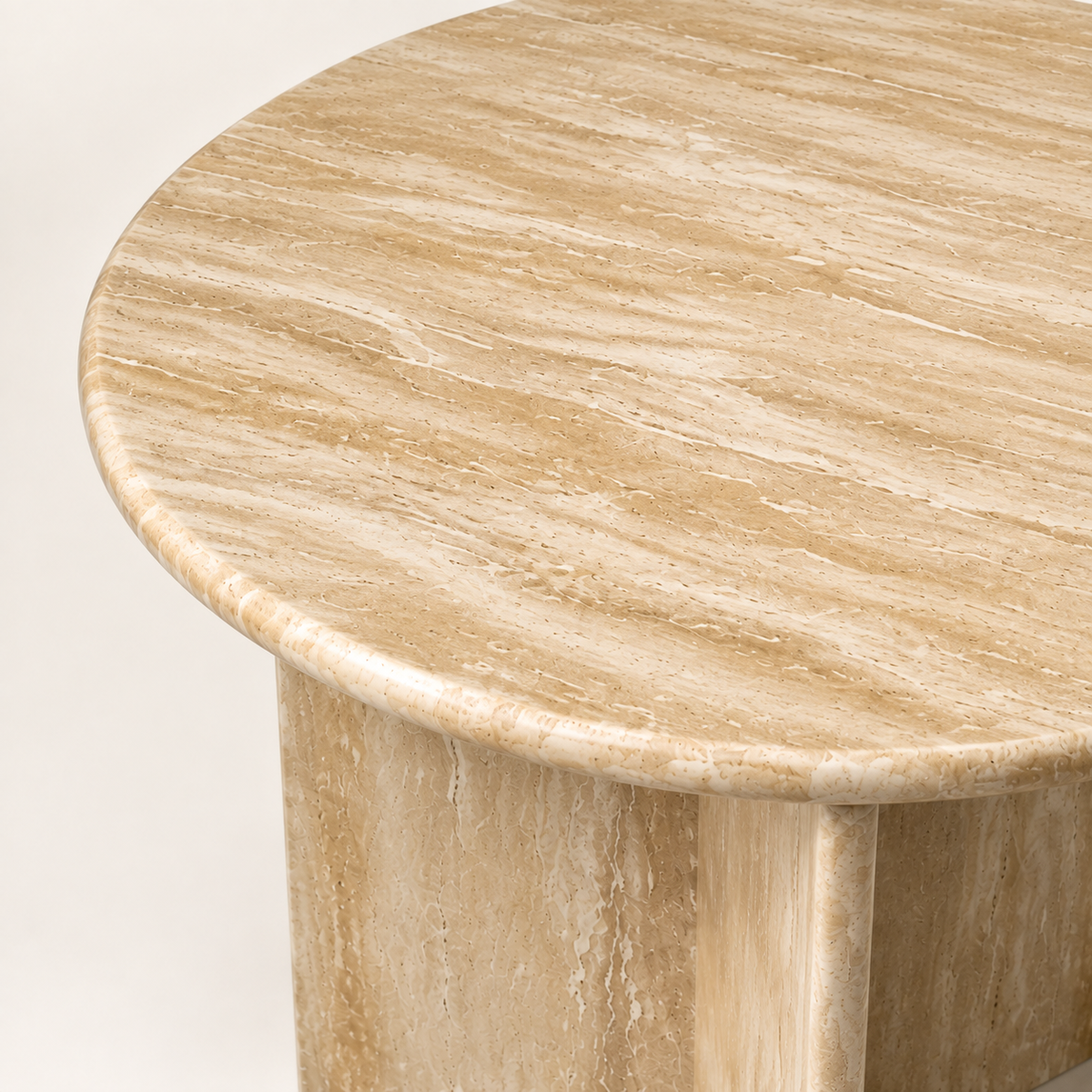 FSF-049 round interlocking-panel side table in warm beige-gold stone, top and edge detail.