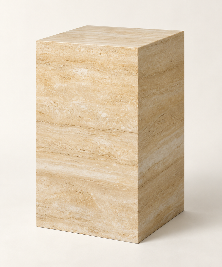 FSF-056 square plinth sintered stone side table in beige-gold horizontal strata, premium ivory studio packshot.
