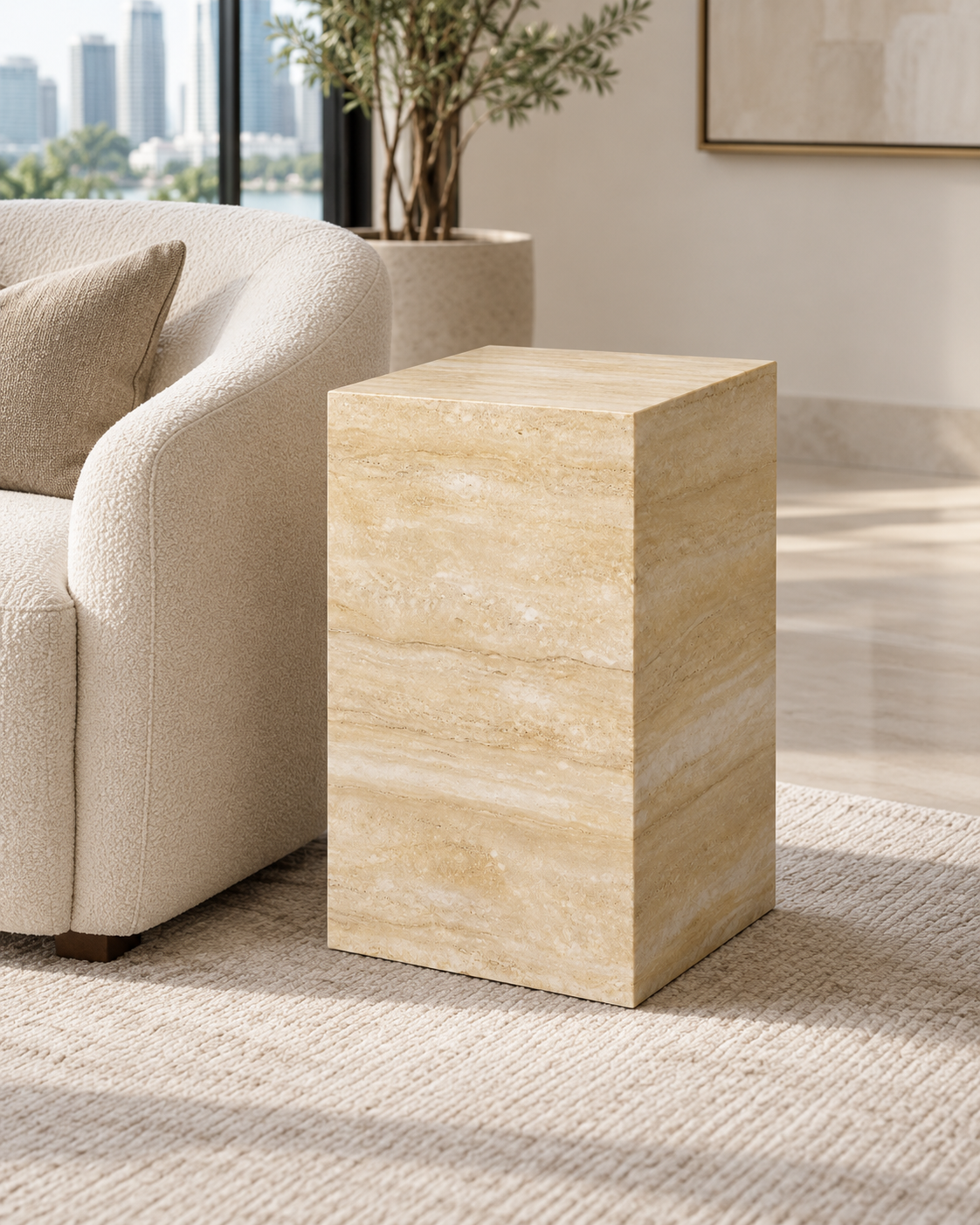 FSF-056 beige-gold sintered stone square plinth side table in a premium Singapore interior beside a neutral armchair.