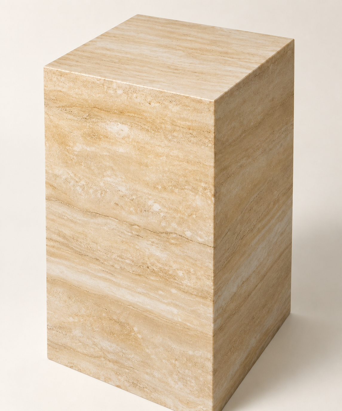 FSF-056 square plinth sintered stone side table, elevated three-quarter structural studio view showing smooth beige-gold horizontal strata.