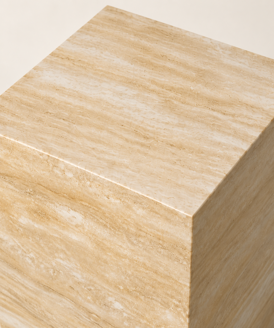 FSF-056 sintered stone side table close-up of the square top and edge, with smooth beige-gold horizontal mineral pattern.