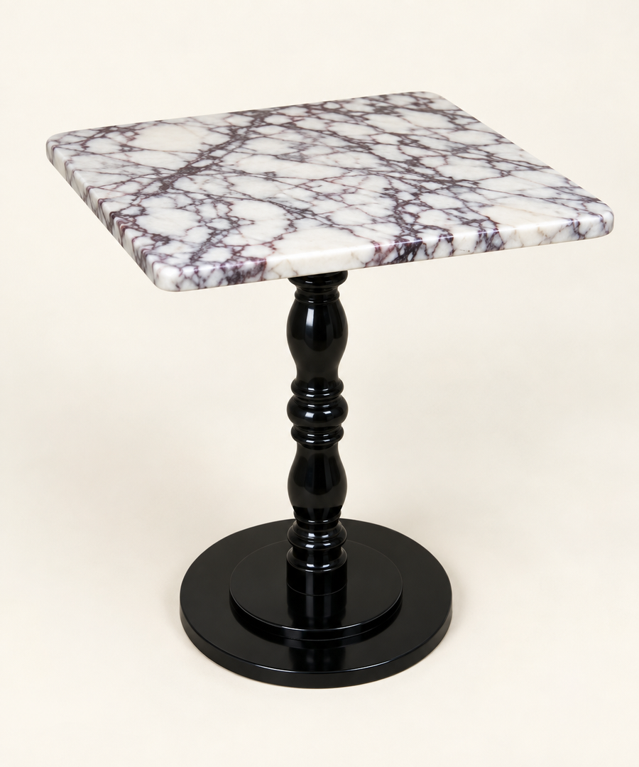 Square Baluster-Pedestal Side Table in Calacatta Viola with glossy black baluster pedestal and round black base — studio packshot.