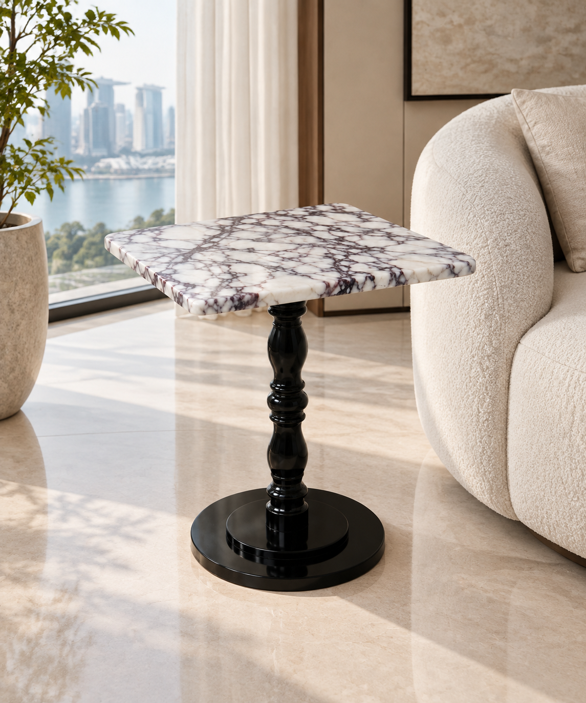 Square Baluster-Pedestal Side Table in Calacatta Viola with glossy black pedestal — Singapore interior view.