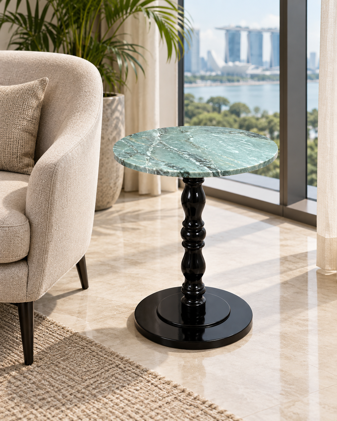 Round Baluster-Pedestal Side Table in Sky Blue, contemporary Singapore interior view.