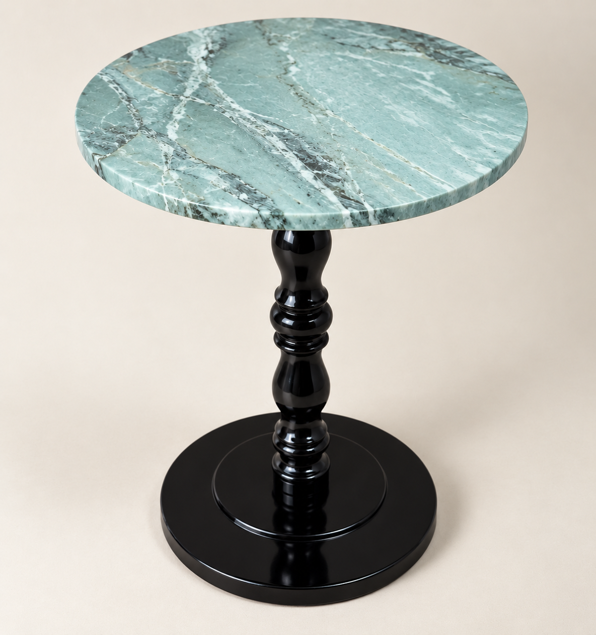 Round Baluster-Pedestal Side Table in Sky Blue, close studio structure view.