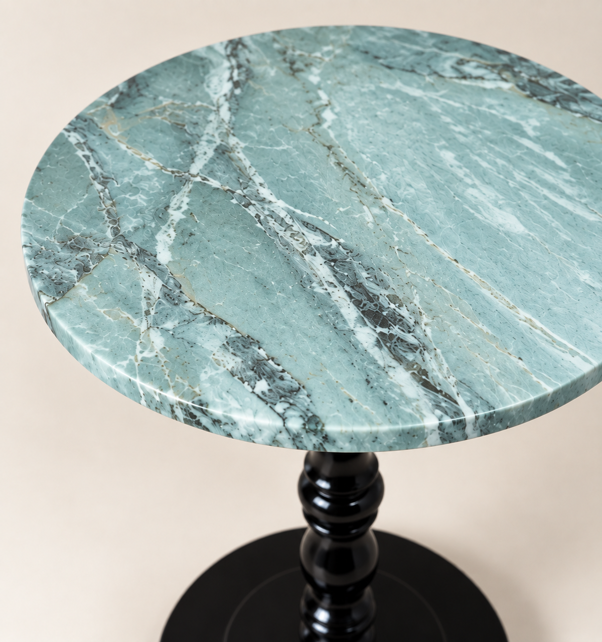 Round Baluster-Pedestal Side Table in Sky Blue, close top and rounded edge detail.