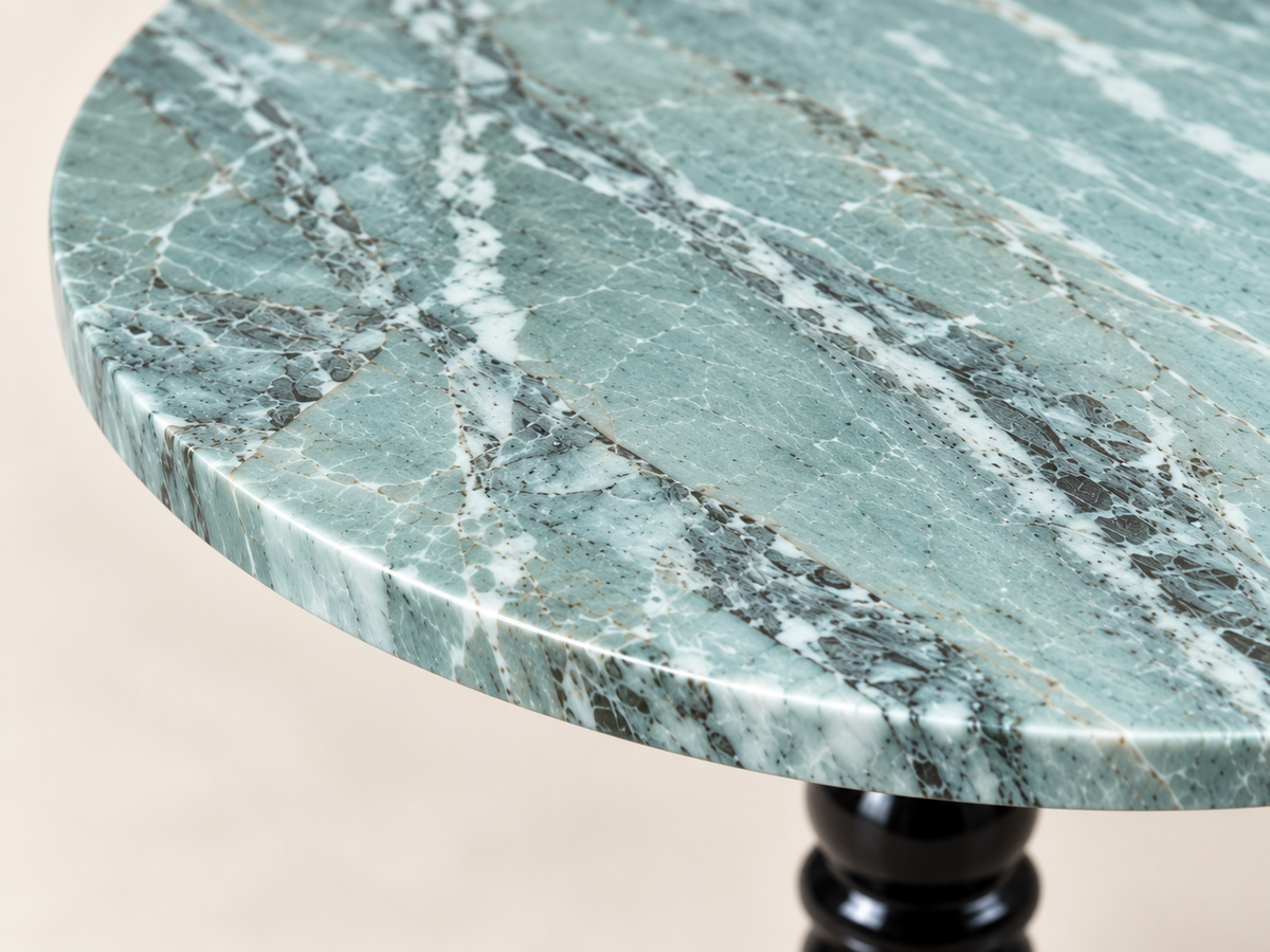 Round Baluster-Pedestal Side Table in Sky Blue, macro marble top and rounded edge detail.