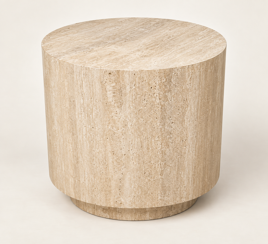 Smooth Drum Travertine Side Table in beige travertine, studio packshot three-quarter view.
