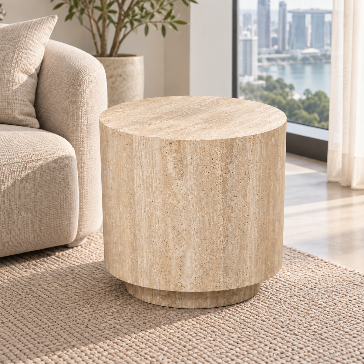 Smooth Drum Travertine Side Table in beige travertine, contemporary Singapore interior view.