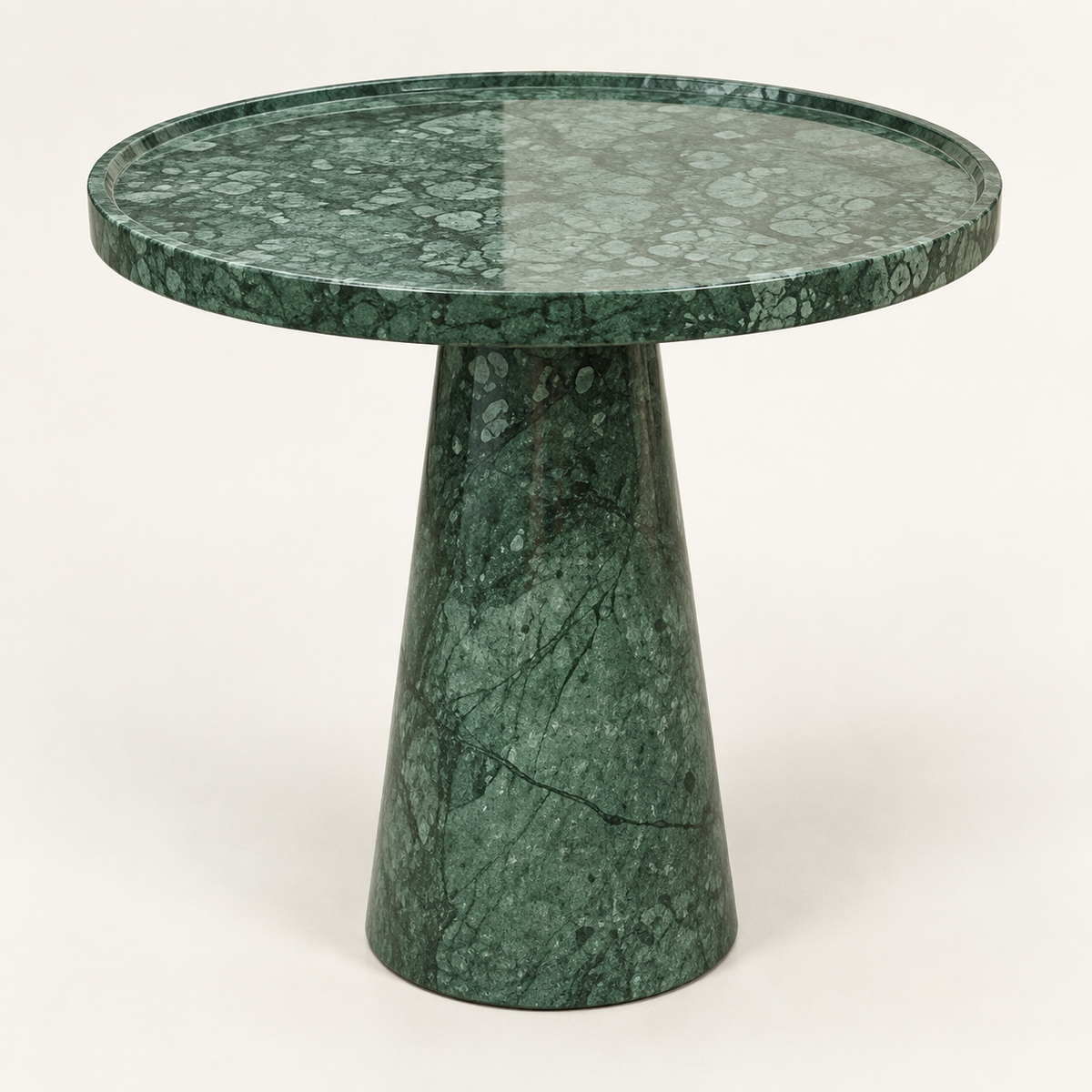 FSF-071 Verde Guatemala round side table with raised rim, studio packshot.