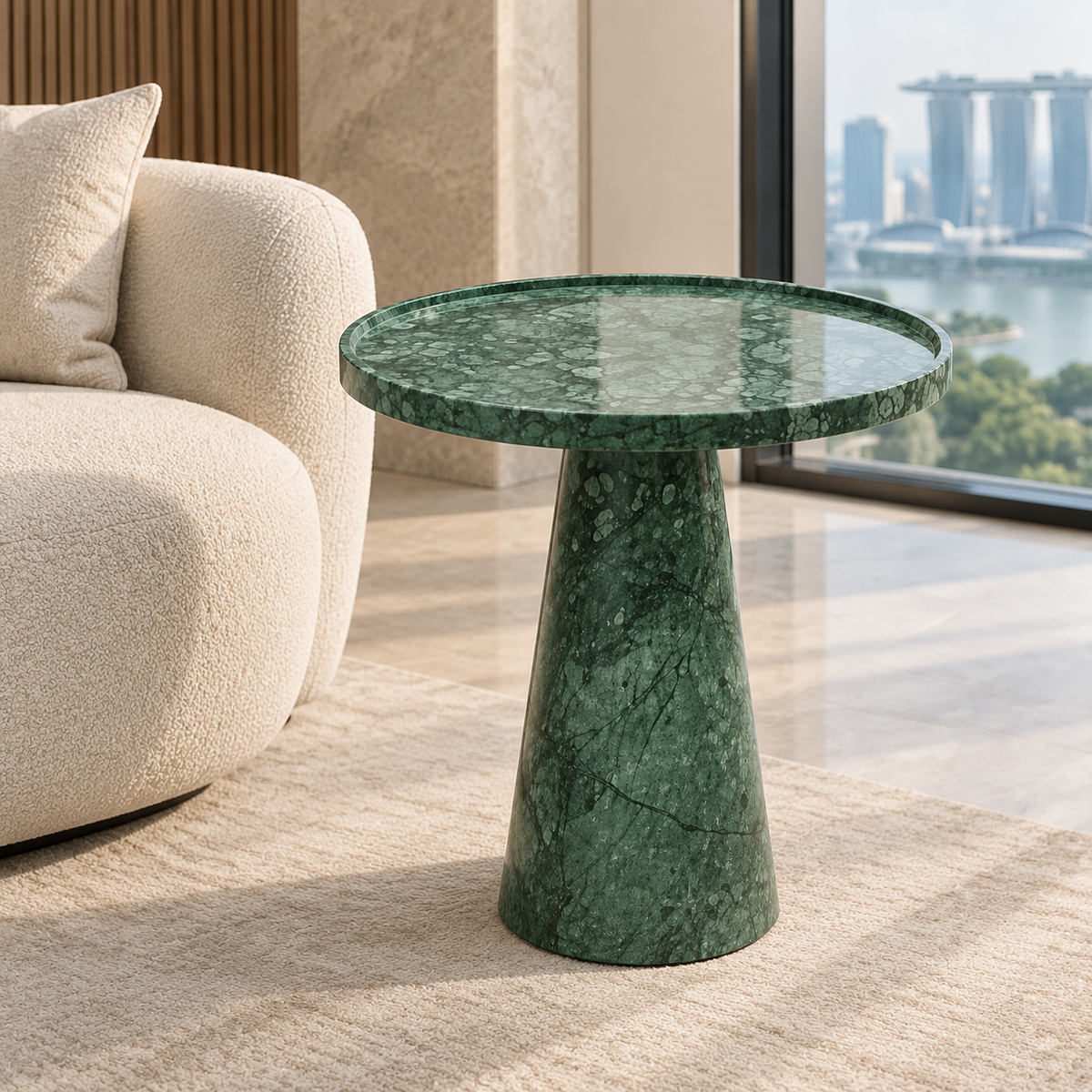 FSF-071 Verde Guatemala round side table with raised rim in a premium Singapore interior.