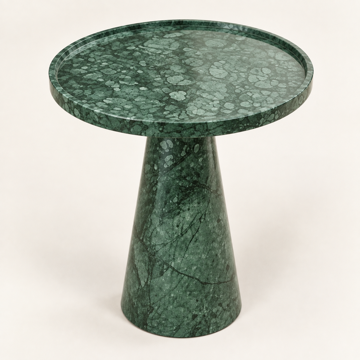 FSF-071 Verde Guatemala round side table, three-quarter structural studio view.
