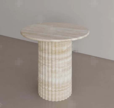 Round pale stone side table with a fluted cylindrical pedestal, three-quarter view