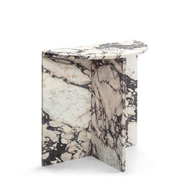 White and dark-veined stone side table with a half-round top and angled slab supports
