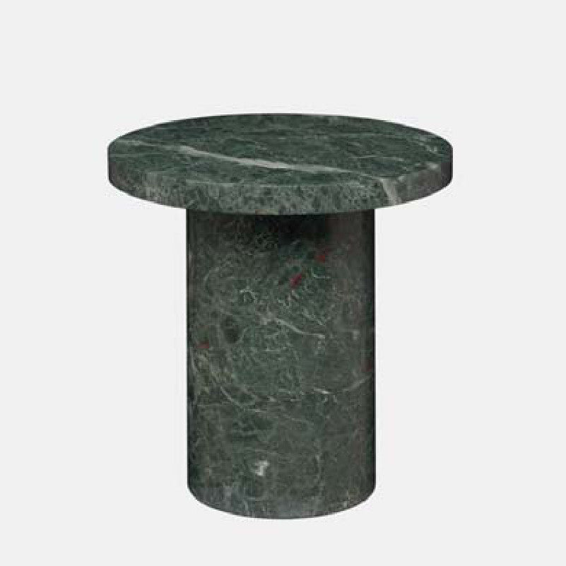 Dark green veined stone side table with a thick round top and cylindrical pedestal