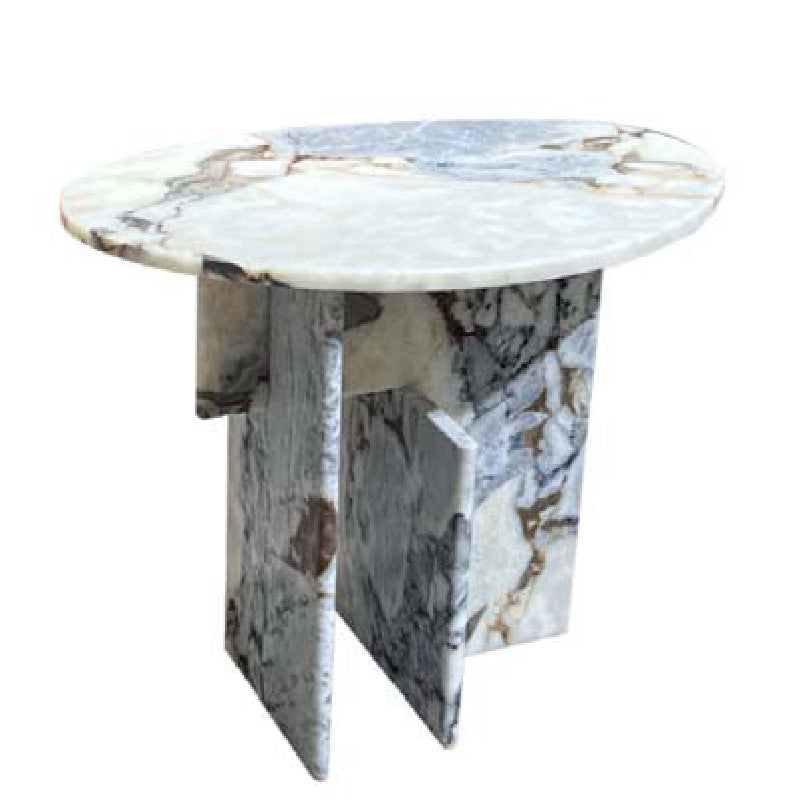 Pale blue-grey and brown-veined stone side table with a round top and intersecting slab supports