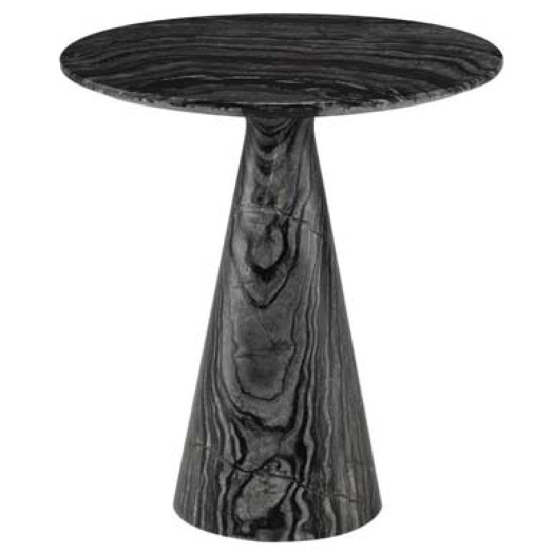 Dark banded stone side table with a round top and tall tapered pedestal