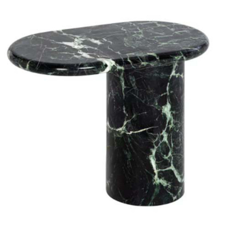 Dark green veined stone side table with a curved kidney-shaped top and cylindrical support