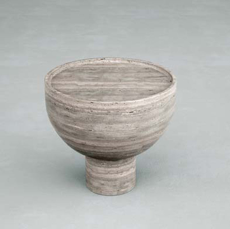 Grey banded stone side table with a bowl-shaped top and short cylindrical foot